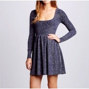 Free people Metallic Silver Long Sleeve Skater Square Neck Mini Party Dress